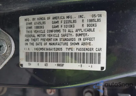 2006 Honda Accord 2.4 Se z USA, uszkodzony, nr VIN 1HGCM56346A152805